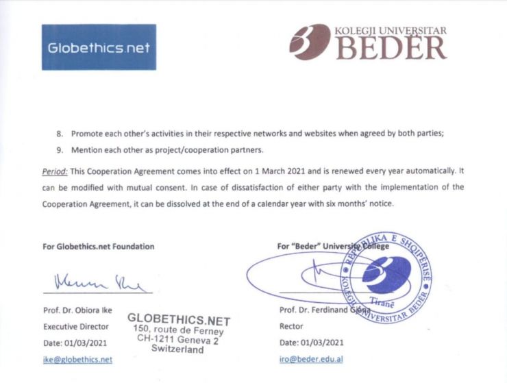Bedër today finalized the MoU with the Geneva-based Foundation “Globethics.net”